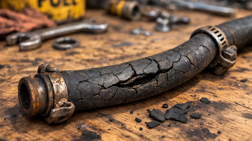 Aged motorcycle rubber fuel hose showing cracking and degradation from ethanol fuel exposure