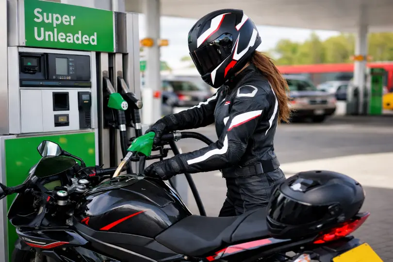 Filling an older motorcycle with petrol at a fuel station – E5 vs E10 choice