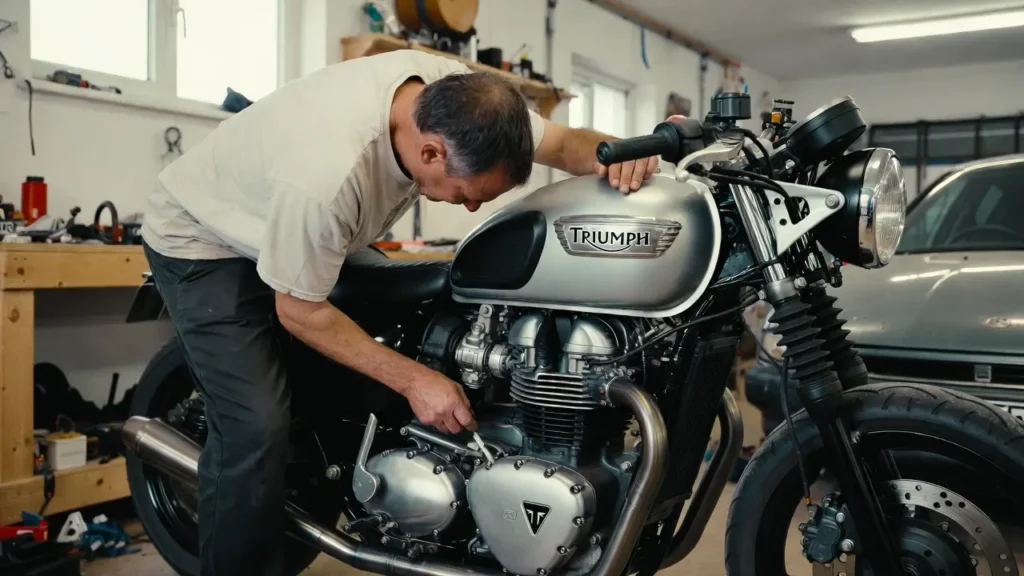 Motorcyclist performing pre-season maintenance on a motorcycle in a home garage.