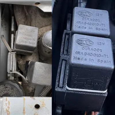 Triumph relay holder T2500259 old vs new showing cracked OEM rubber and TPU replacement installed