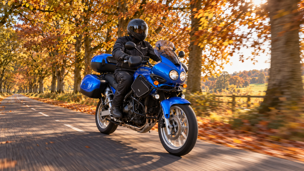 Blue Triumph Tiger 955i riding along an autumn tree-lined road